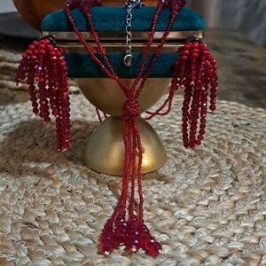 Vintage C1946 Burgundy Red Beaded Necklace And Earring Set